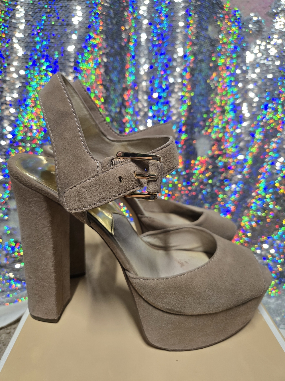 Michael Kors Taupe Suede Platform Mary Jane Heels